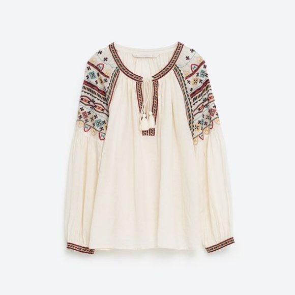 Zara Embroidered Western Boho Cream Lightweight Tunic Long Sleeves - Picture 1 of 5